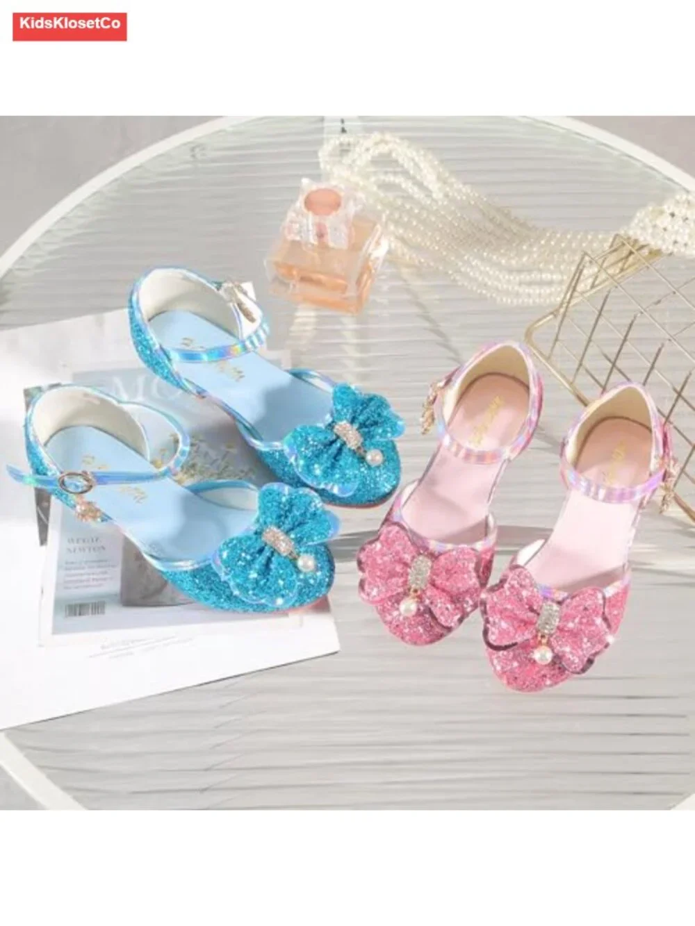 Girls Sparkle Sequined Mary Jane Flats with Bow Adjustable Ankle Strap Party
